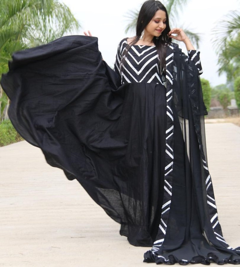 Black flax cotton with embroidered work party wear gown