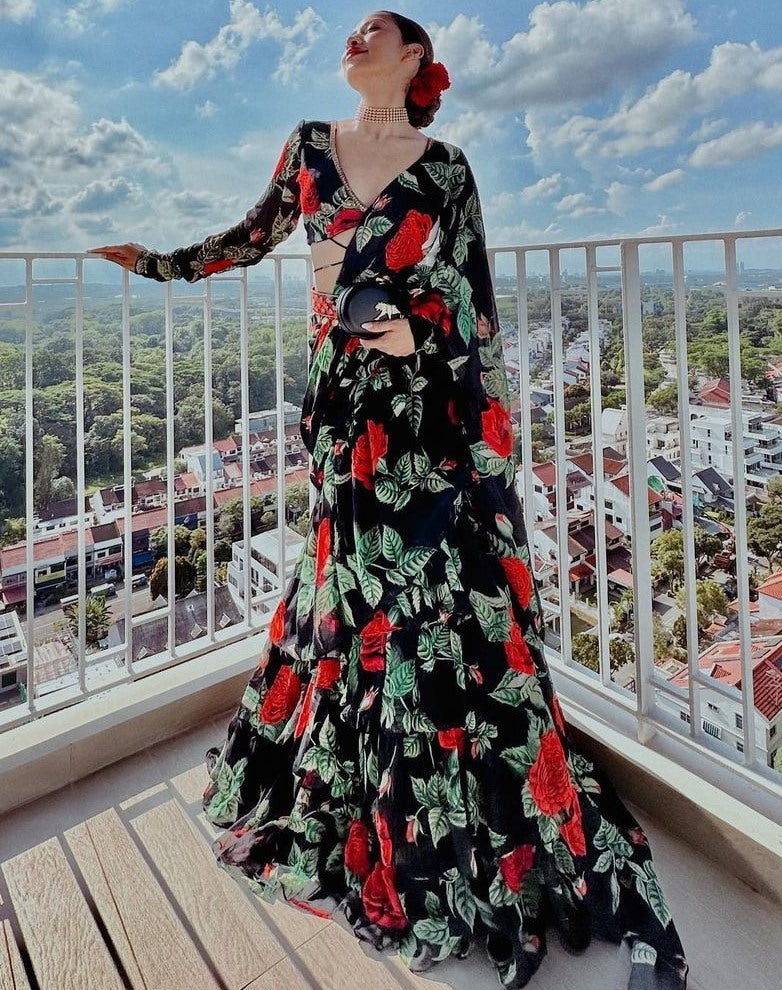 Black floral printed designer ruffle saree with belt