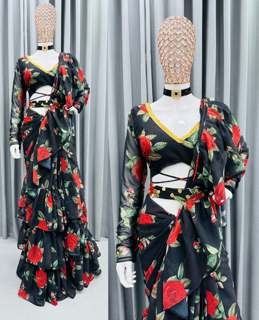 Black floral printed designer ruffle saree with belt