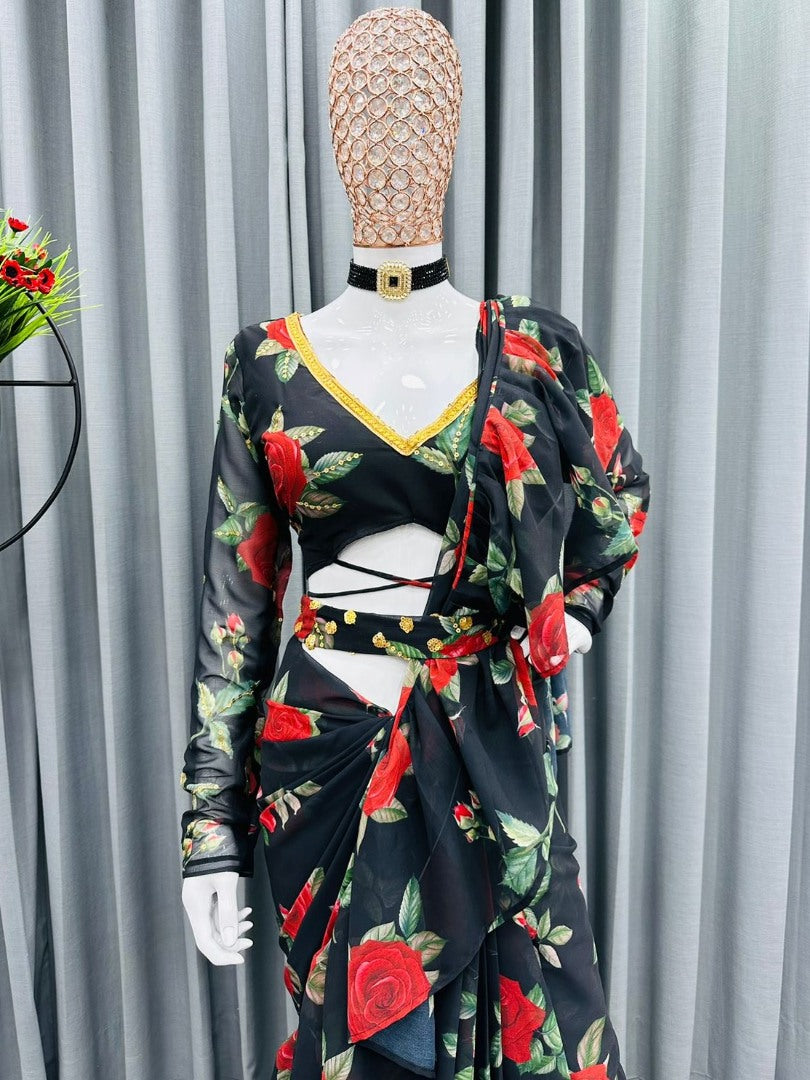 Black floral printed designer ruffle saree with belt