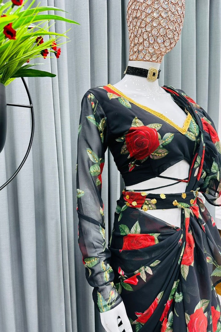 Black floral printed designer ruffle saree with belt