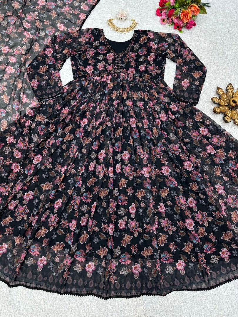 Black floral printed handwork alia cut suit