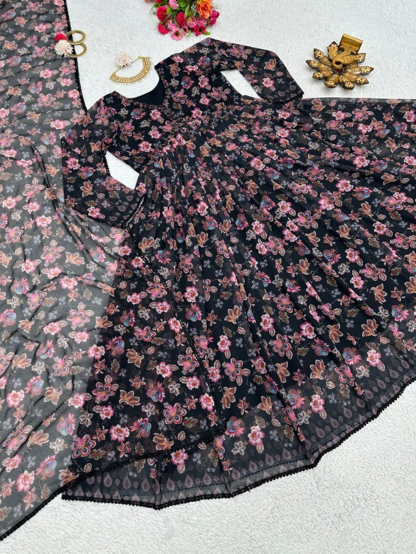 Black floral printed handwork alia cut suit