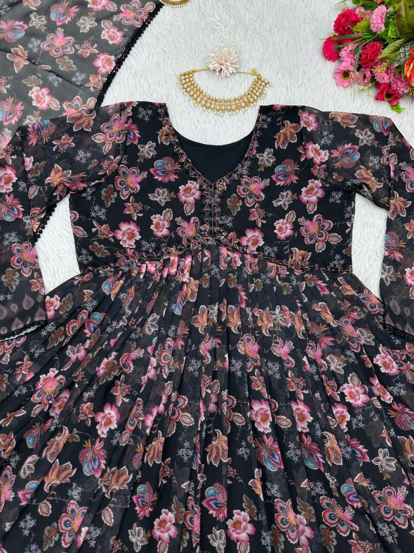 Black floral printed handwork alia cut suit