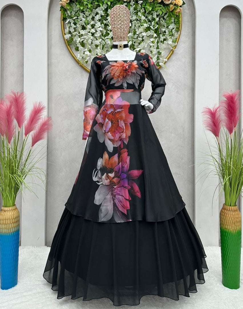 Black floral printed party wear lehenga suit