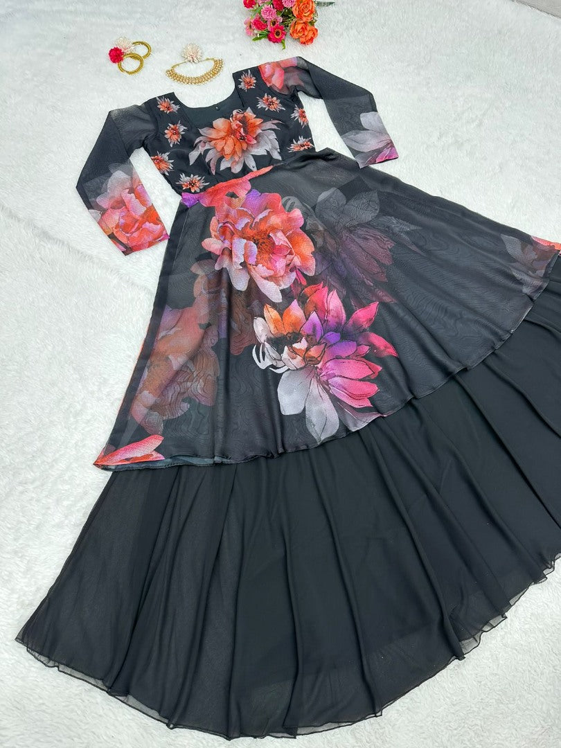 Black floral printed party wear lehenga suit