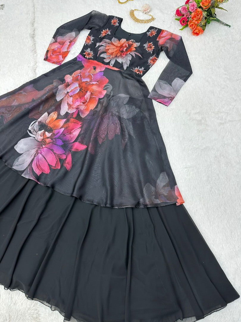 Black floral printed party wear lehenga suit