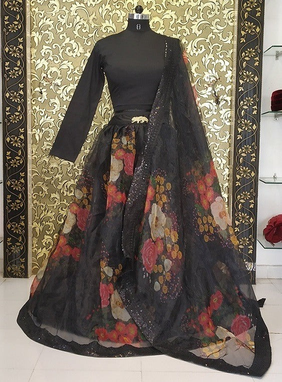 Black floral printed partywear lehenga choli