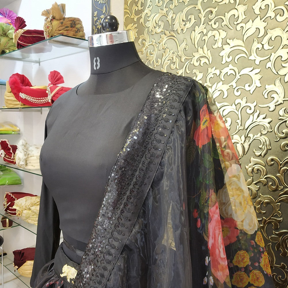 Black floral printed partywear lehenga choli