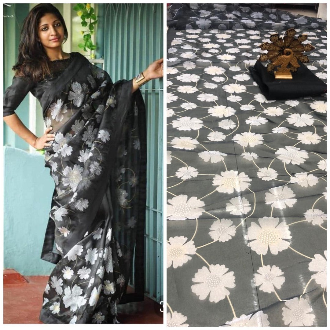 Black flower printed organza saree