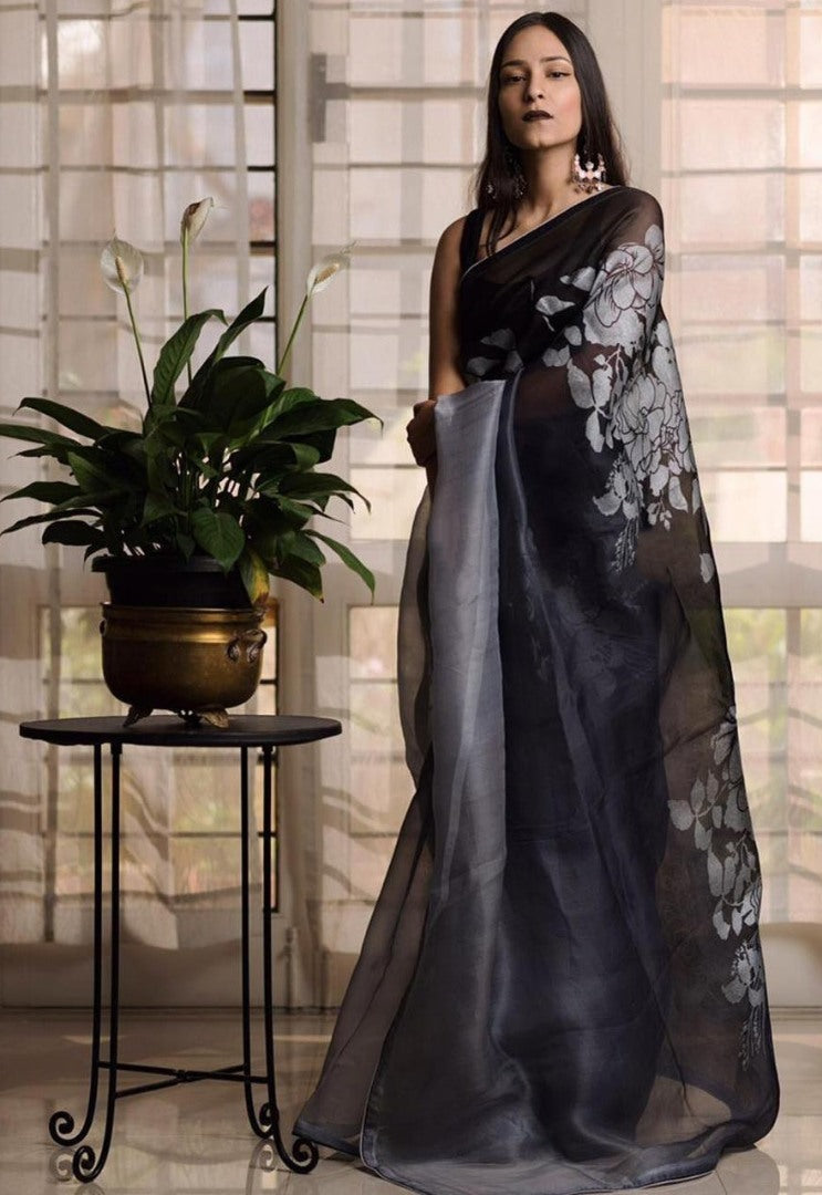 Black flower printed organza saree