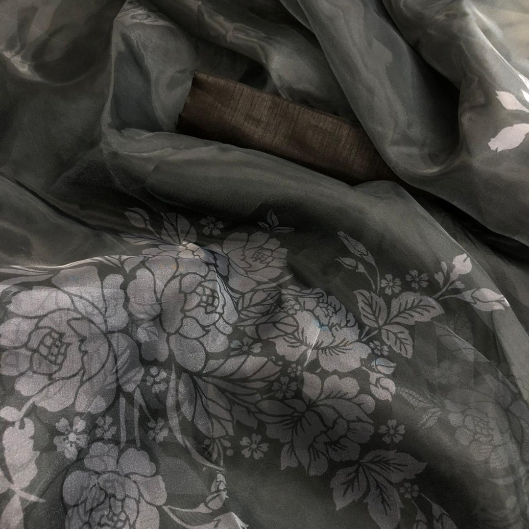Black flower printed organza saree