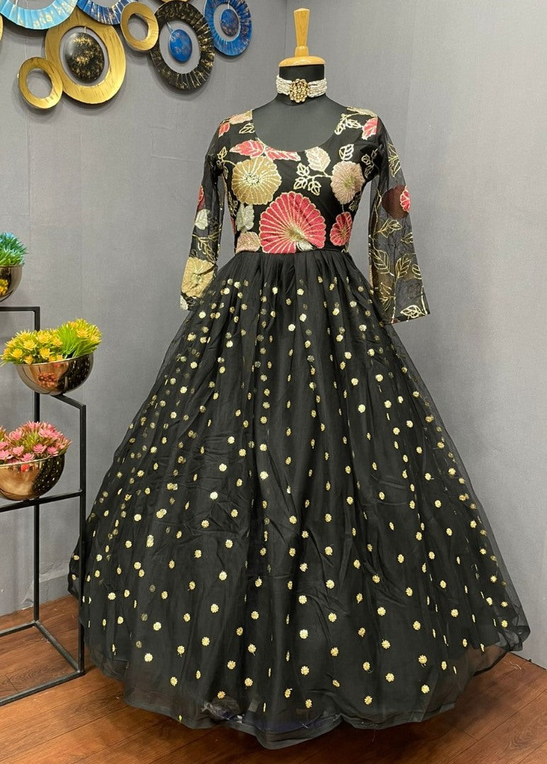 Black georgette and soft net embroidered gown