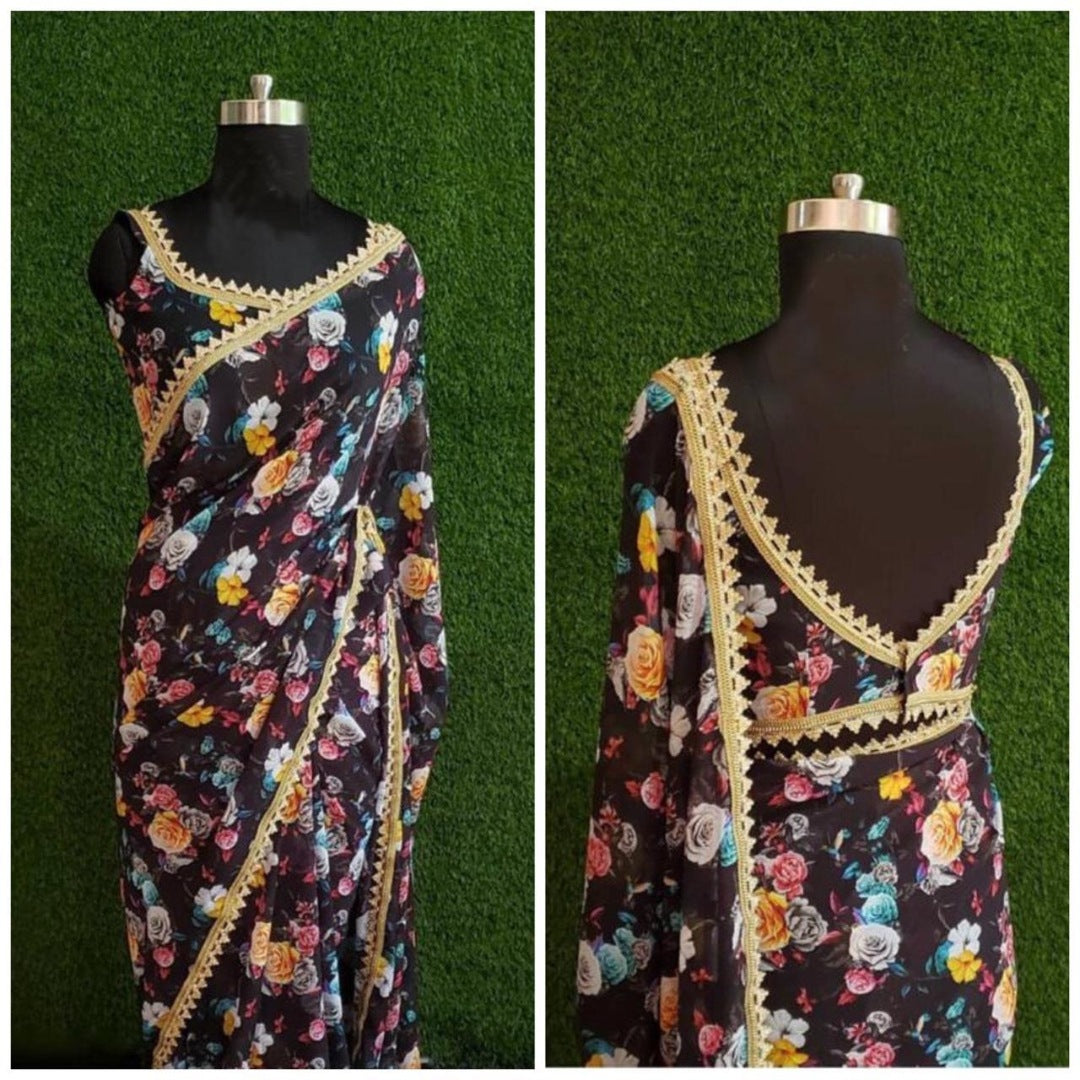 Black georgette beautiful multicolor flower printed saree