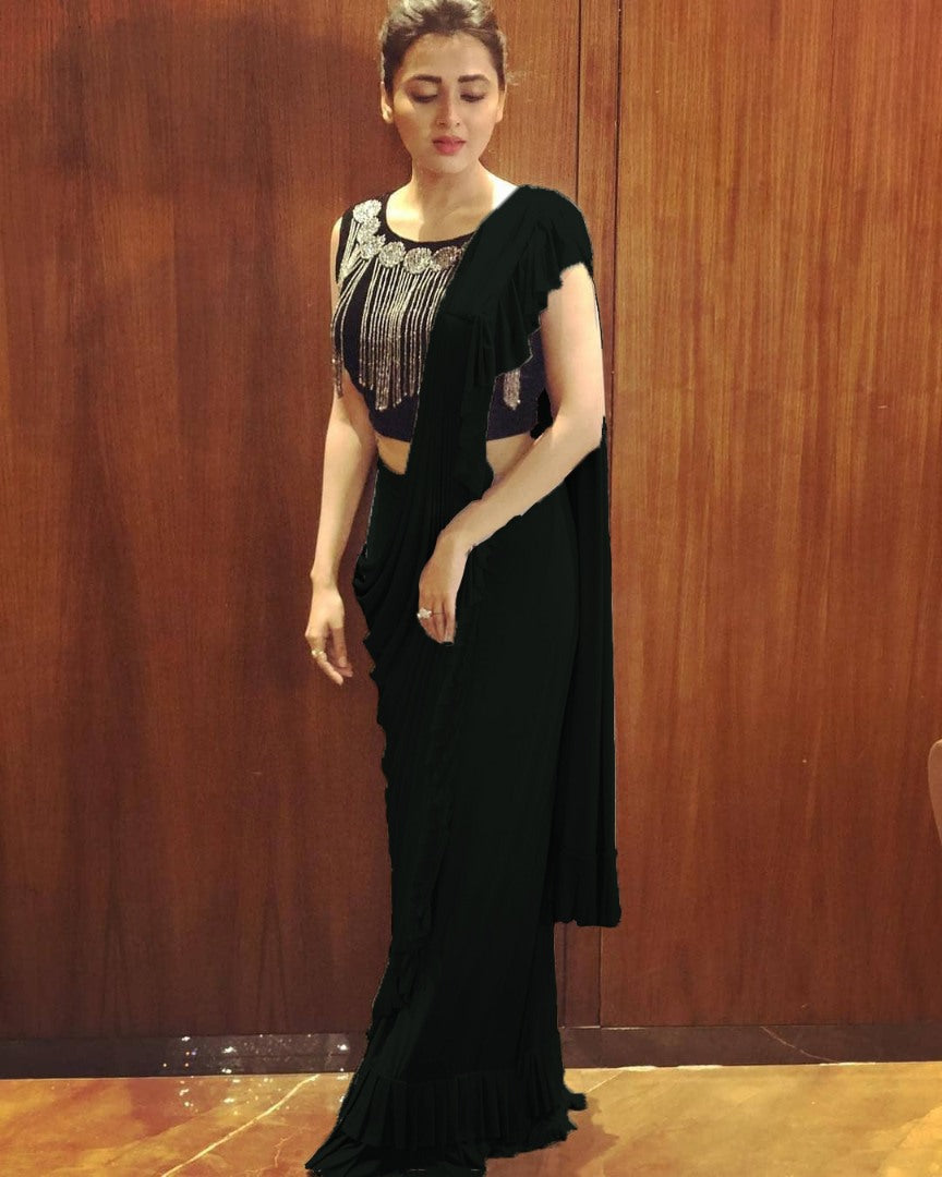 Black georgette designer ruffle saree with handwork blouse