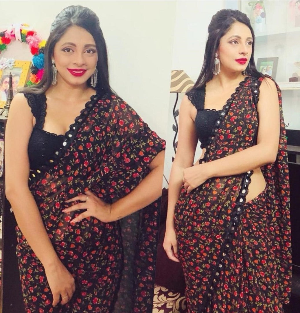 Black georgette digital flower printed saree