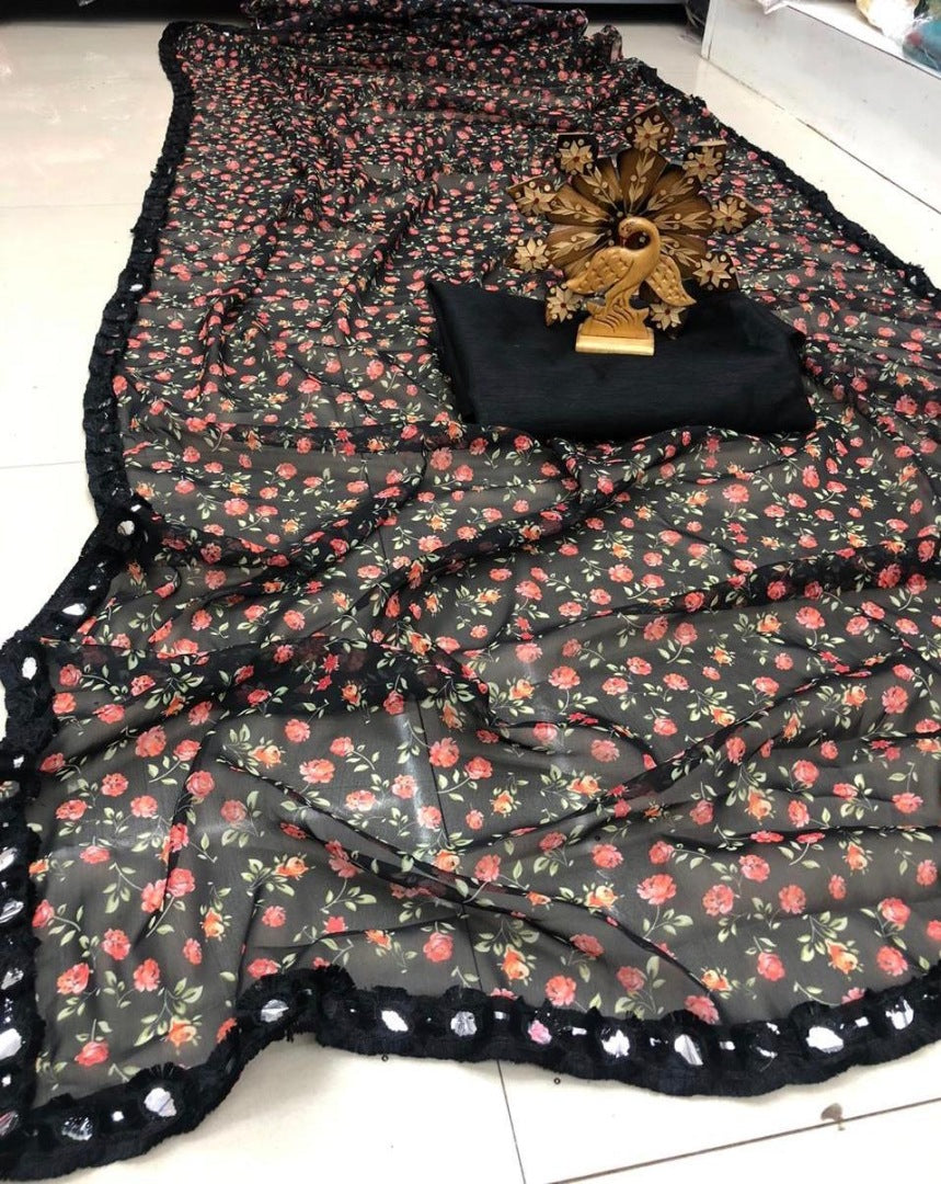 Black georgette digital flower printed saree