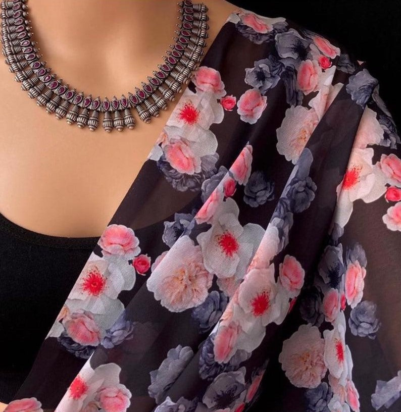 Black georgette digital flower printed work saree