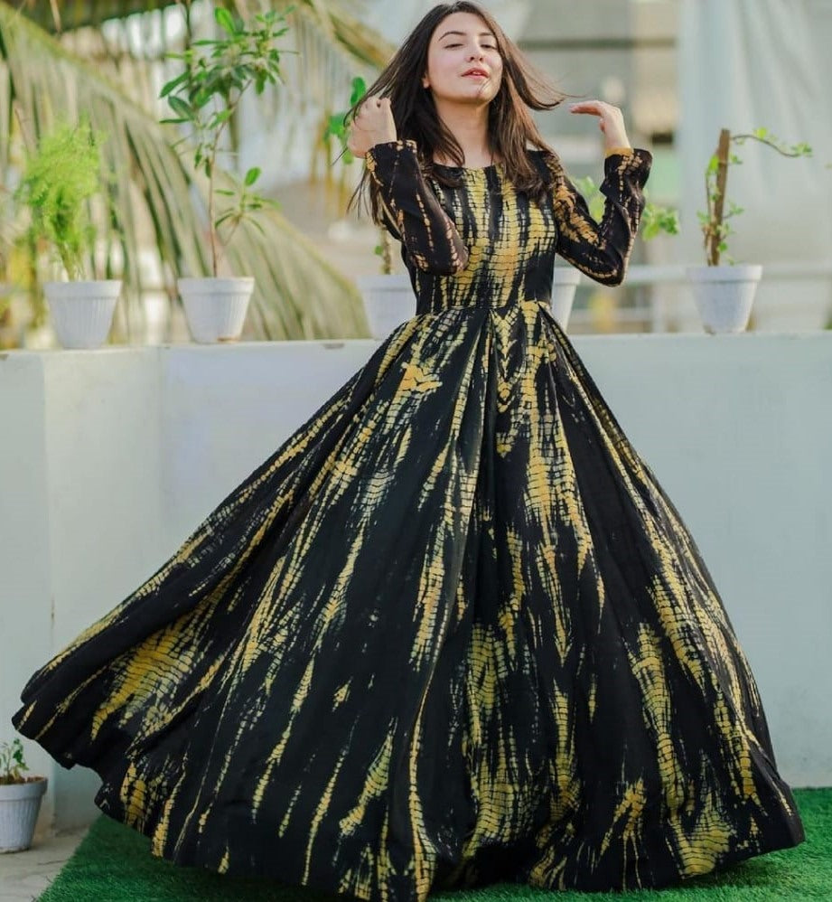 Black georgette digital printed party wear gown