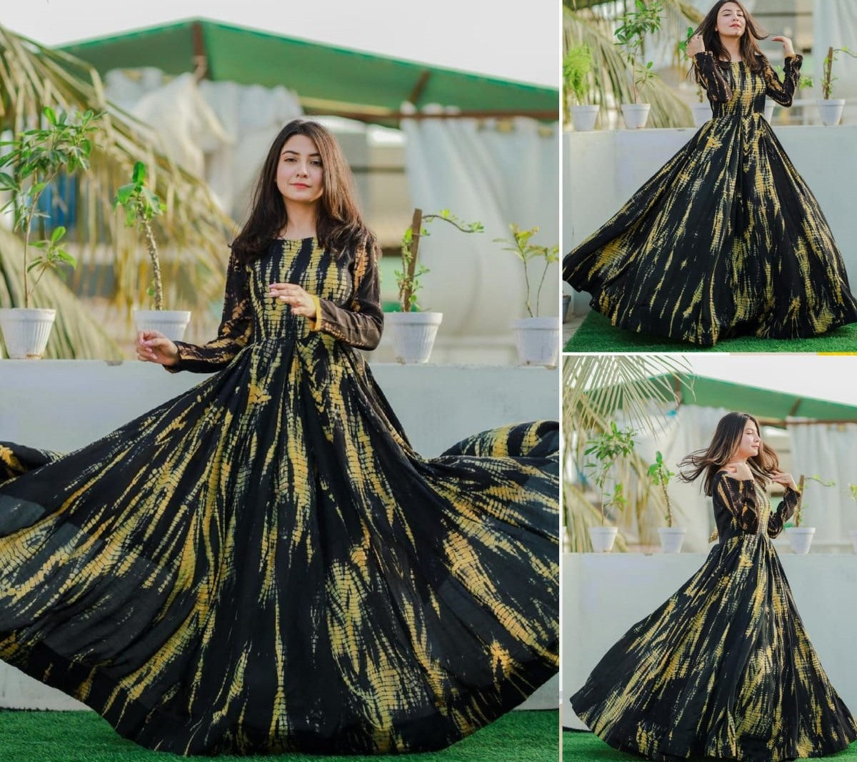 Black georgette digital printed party wear gown