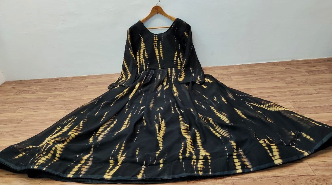 Black georgette digital printed party wear gown