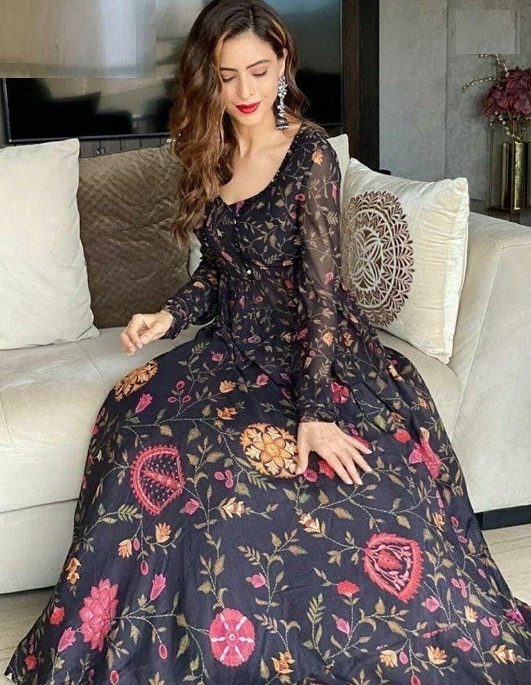 Black georgette digital printed partywear gown