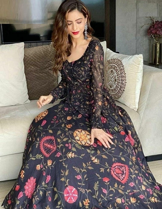 Black georgette digital printed partywear gown