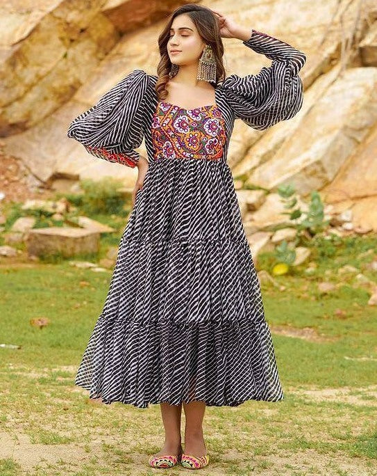 Black georgette digital printed ruffle layer mirror work long kurti