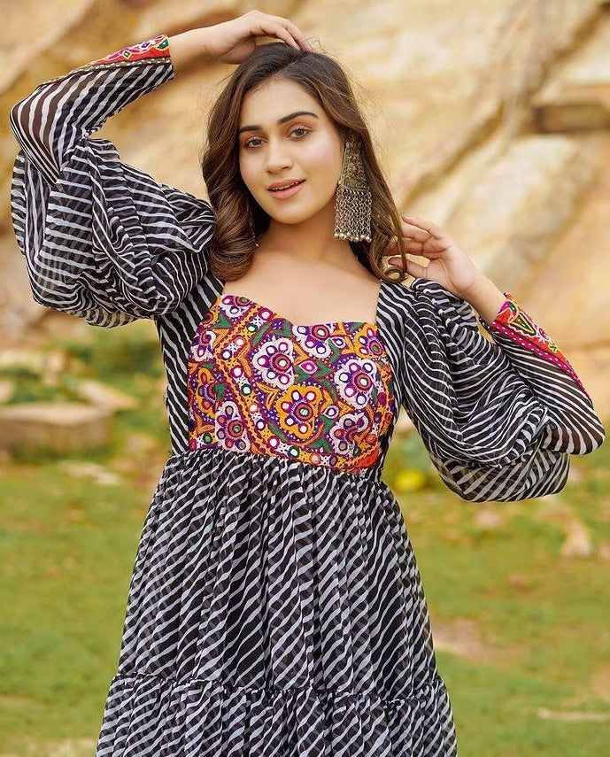 Black georgette digital printed ruffle layer mirror work long kurti