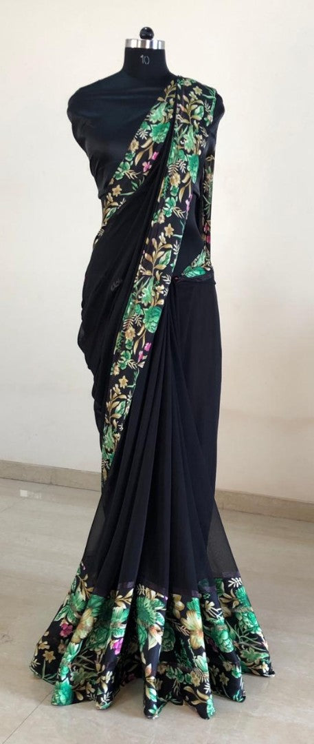 Black georgette digital printed satin patta border saree