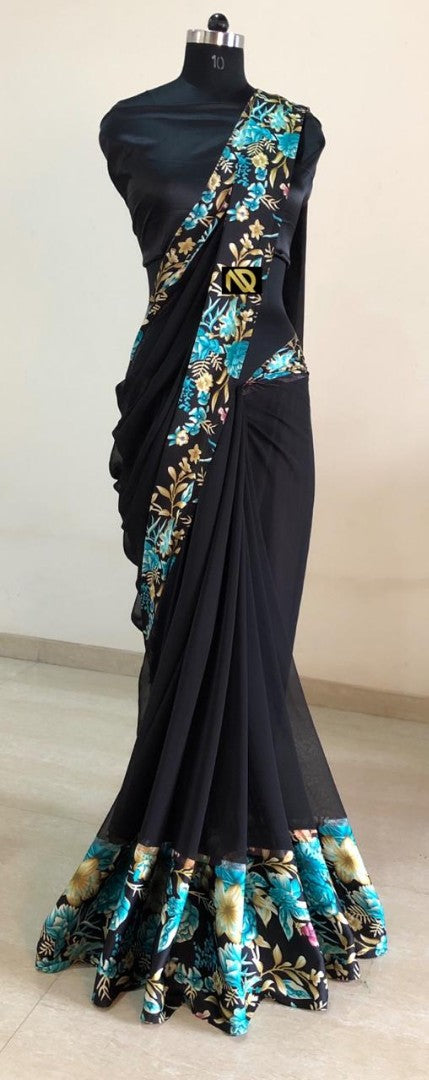 Black georgette digital printed satin patta border saree