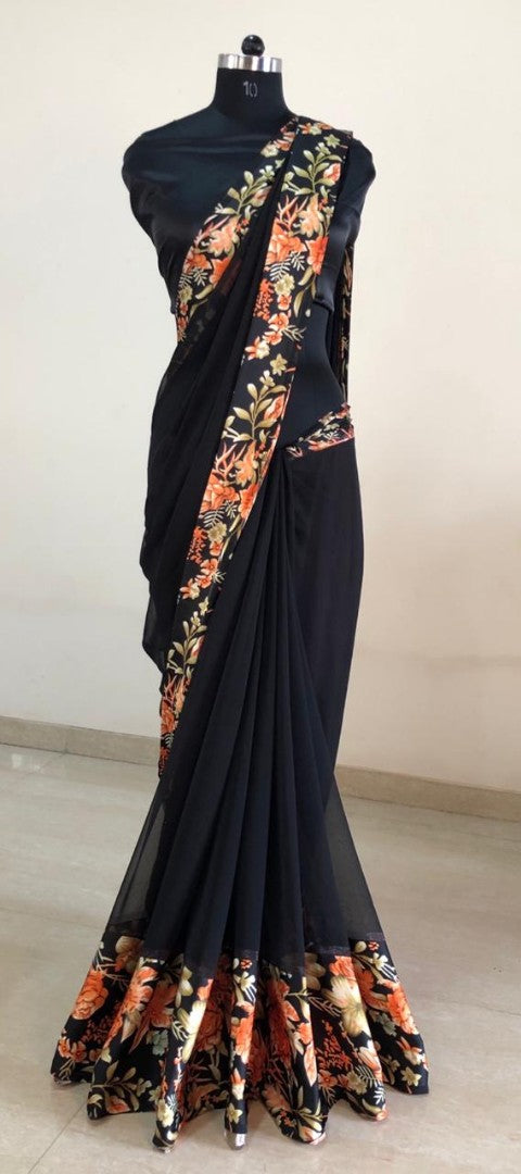 Black georgette digital printed satin patta border saree