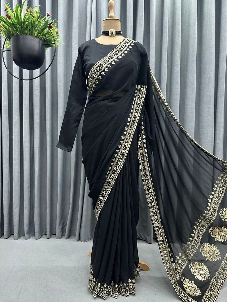 Black georgette embroidered bollywood party wear saree