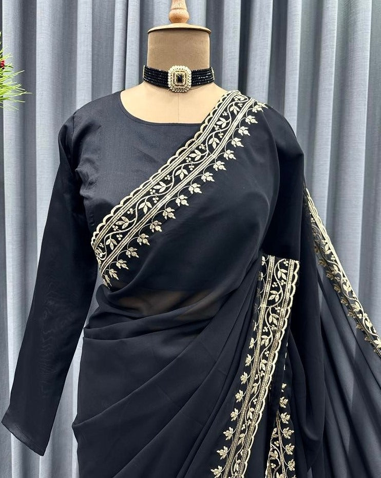 Black georgette embroidered bollywood party wear saree