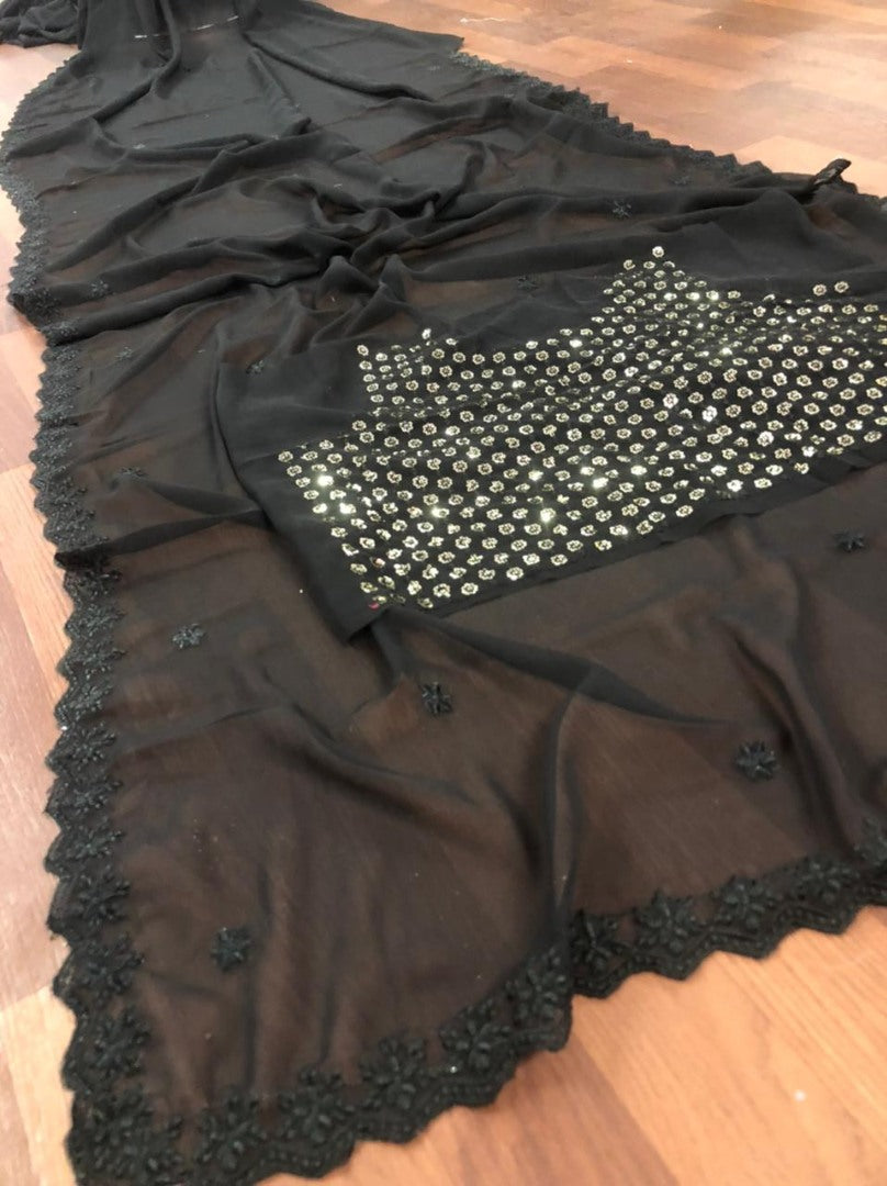 Black georgette embroidered ceremonial saree