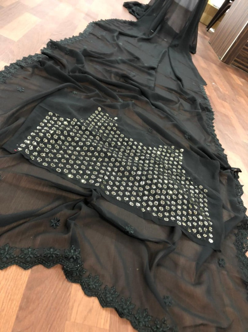 Black georgette embroidered ceremonial saree