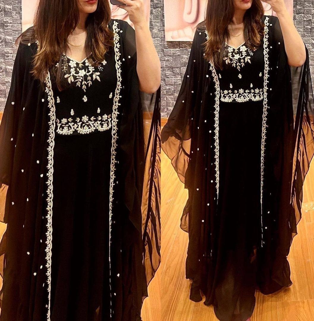 Black georgette embroidered indowestern gown