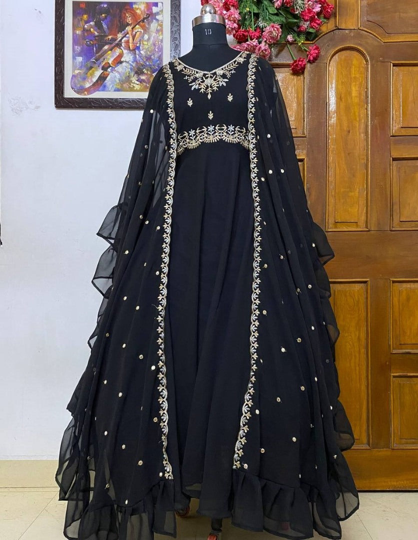 Black georgette embroidered indowestern gown