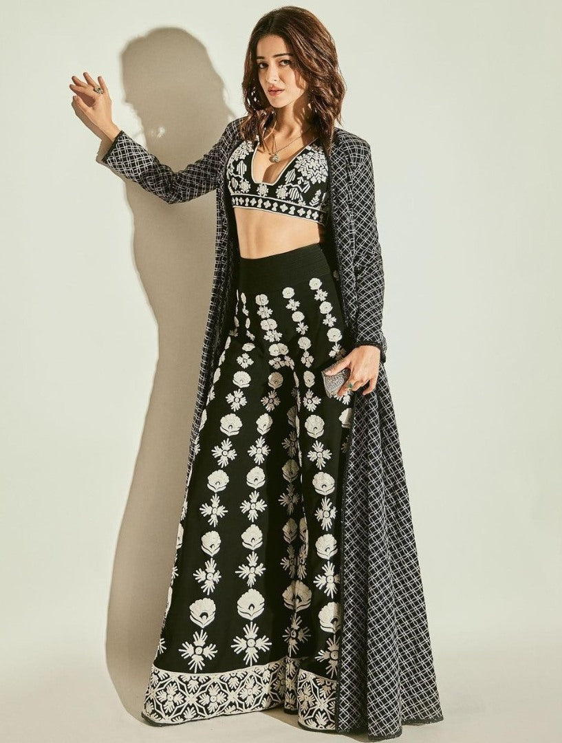 Black georgette embroidered indowestern plazzo suit with shrug
