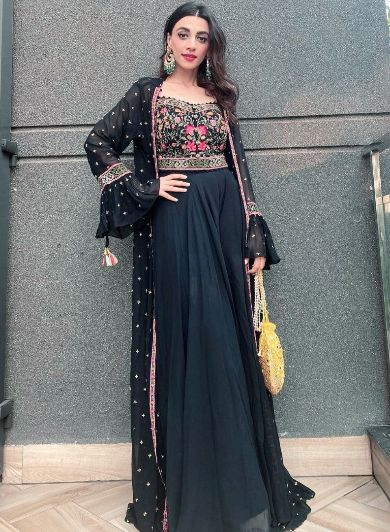 Black georgette embroidered indowestern plazzo suit with shrug