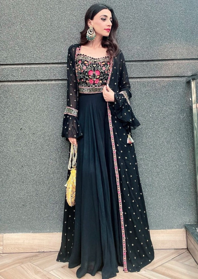 Black georgette embroidered indowestern plazzo suit with shrug