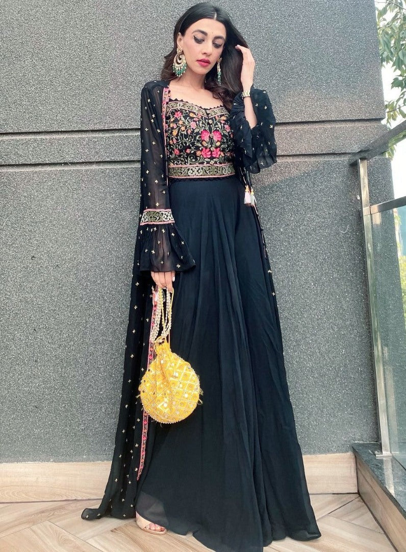 Black georgette embroidered indowestern plazzo suit with shrug