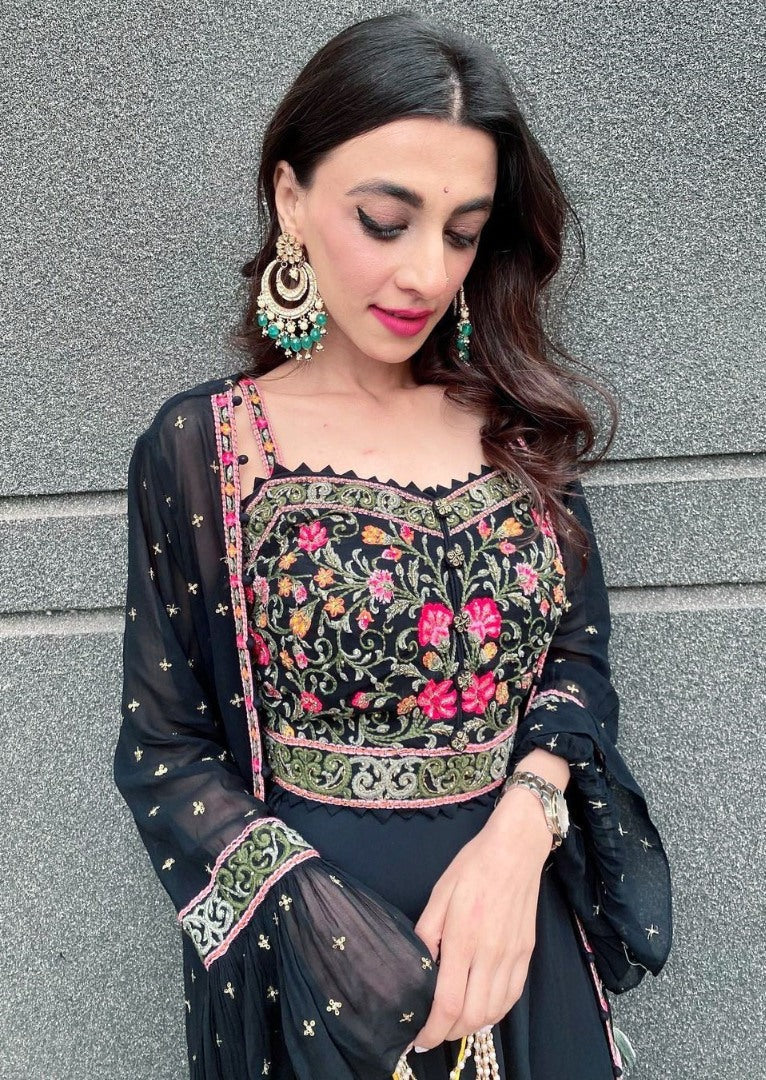 Black georgette embroidered indowestern plazzo suit with shrug