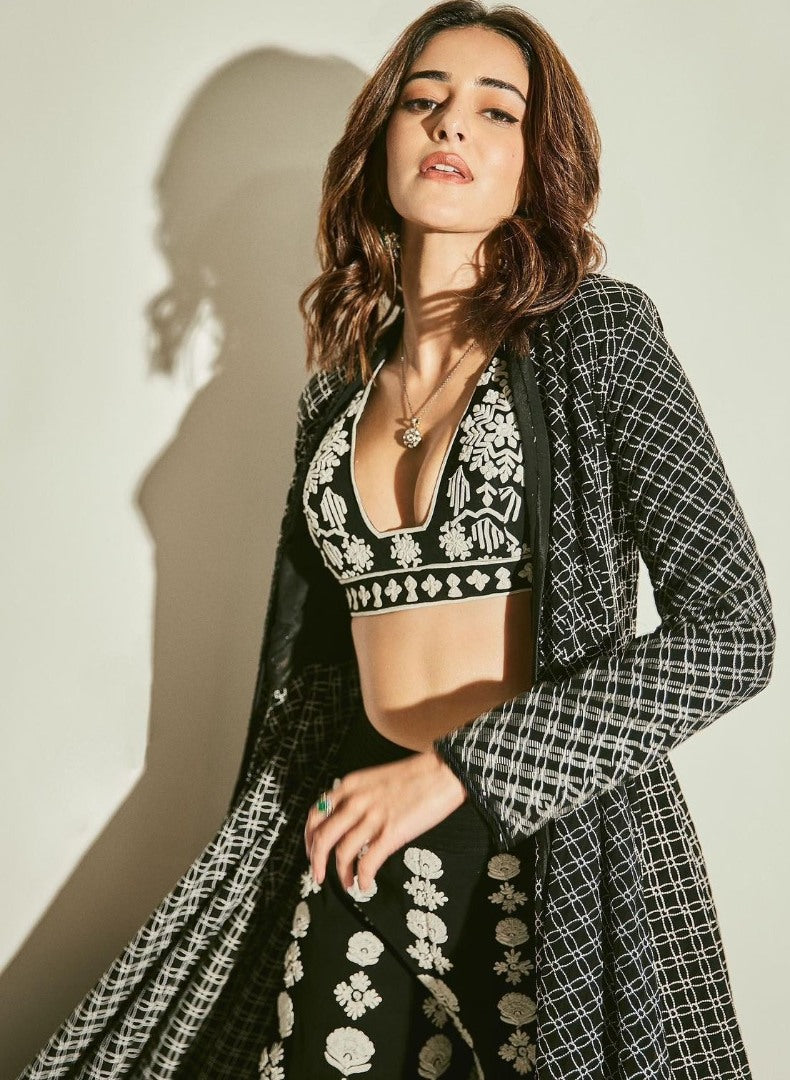 Black georgette embroidered indowestern plazzo suit with shrug