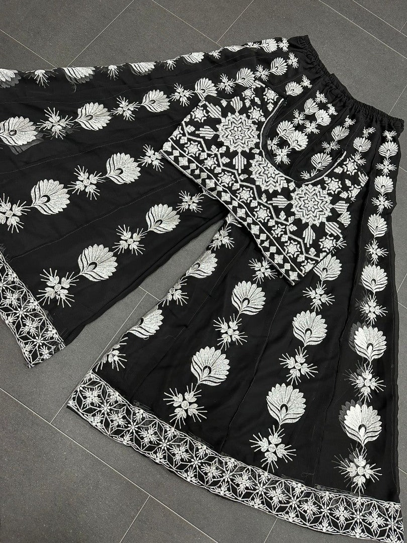 Black georgette embroidered indowestern plazzo suit with shrug