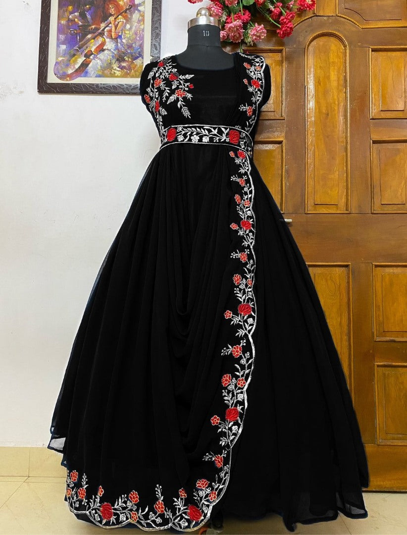 Black georgette embroidered indowestern umbrella flair gown
