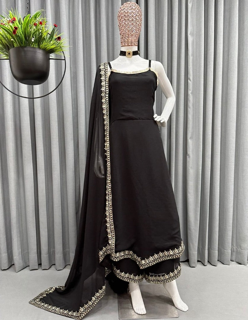 Black georgette embroidered palazzo suit