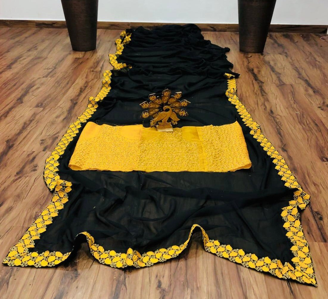 Black georgette embroidered partywear saree