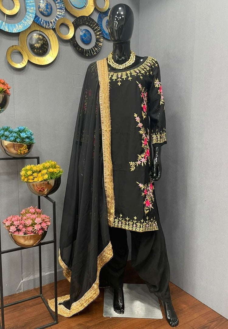 Black georgette embroidered patiyala punjabi suit