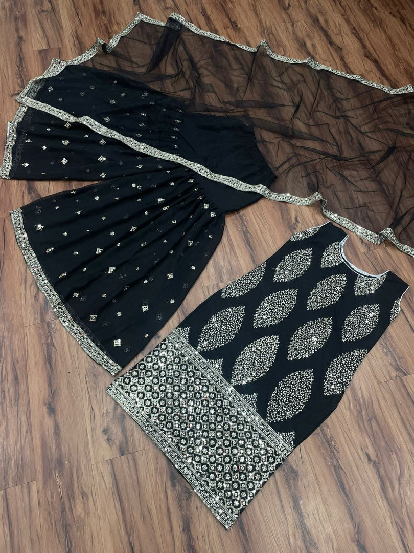 Black georgette embroidered sharara suit